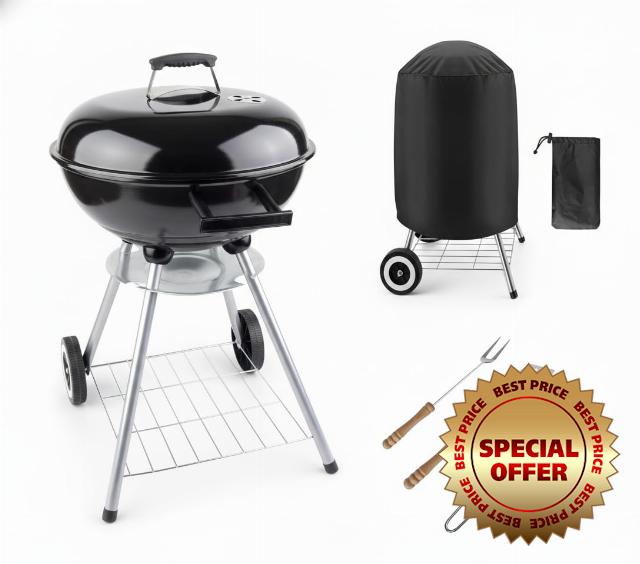 BBQ Grill Patio Portable Charcoal Kettle Barbecue Grill on Wheels with Cover and Cooking Utensils Tools Stainless Steel Black Grill For Outdoor Cooking Garden Picnic Camping Caravan BBQ