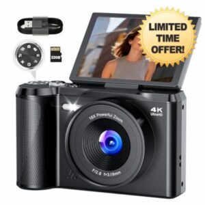 4K Digital Camera: 56MP Digital Cameras with 180° Flip Screen Mode - Camera for Vlog with 32GB Card - for Teenagers