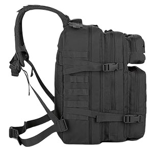 Black tactical-style backpack with MOLLE webbing system and Union Jack flag patch. Features multiple compartments and rugged military-inspired design.