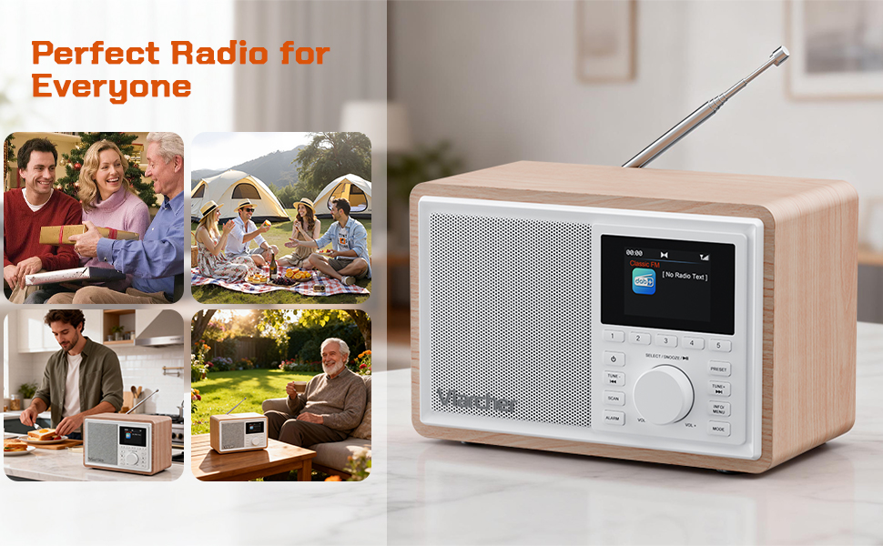 Text reads 'Perfect Radio for Everyone'. Multiple views of a wooden-finish digital radio device in different settings and environments.