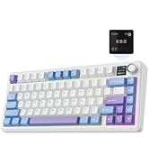 Multiple views of a mechanical keyboard with beige and dark keycaps, featuring some gold/yellow accent keys and a compact design.