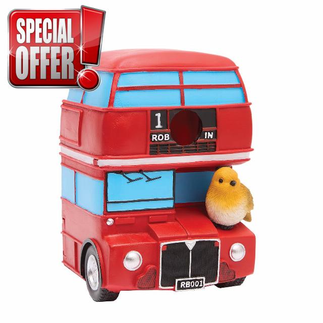 Coopers of Stortford - London Bus Bird House for Garden Birds - Weatherproof Polyresin Nesting Box with 2.9cm Entrance Hole - Fun Outdoor Déco