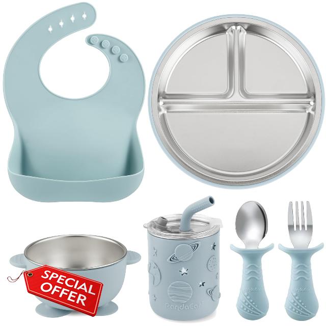 PandaEar 6-in-1 Stainless Steel Baby Feeding Set | Divided Suction Plate