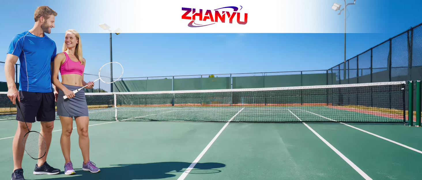 Text reads 'ZHANYU'. Outdoor tennis court scenes showing players on blue court surface with net visible.