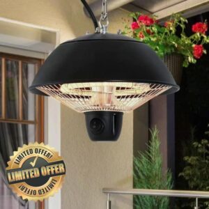 DWD® 600W Electric Compact 10 Inch Patio Heater Ceiling Hanging Carbon Fibre Halogen Light with Adjustable Hook Chain Black Aluminum Frame Matt Black 30% more efficient than others