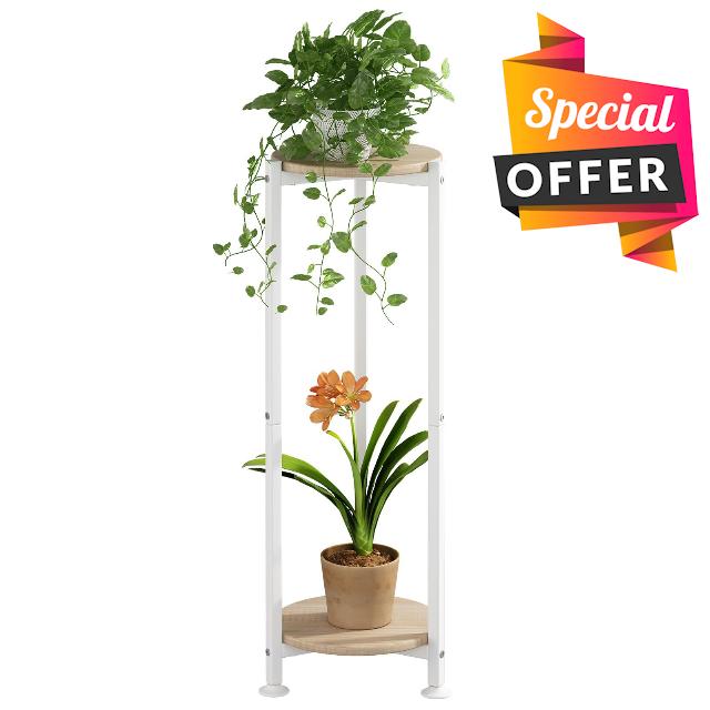 Dazioter Plant Stand Indoor Corner Tall 2 Tier Metal Modern Flower Storage Plant Shelf Holder for Living Room Balcony Garden (White Round