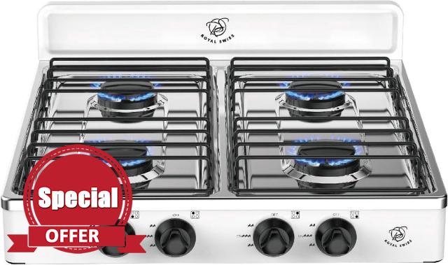 Royal Swiss 4 Burner Gas Stove 2.2KW Die-Cast Aluminum 100% LPG Portable Heavy Duty Metal Housing Safe Ignition Outdoor Indoor Stove