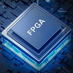 Digital audio device with LED display showing '96' number, alongside smartphone displaying audio control interface.