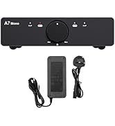 Black audio amplifier unit labeled 'A5' with large central control dial and LED indicators for power and input selection.