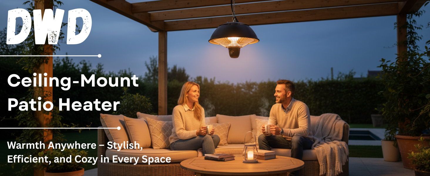 Text reads: 'DWD', 'Ceiling-Mount', 'Patio Heater', 'Warmth Anywhere - Stylish, Efficient, and Cozy in Every Space'. Outdoor patio scene with heating device.