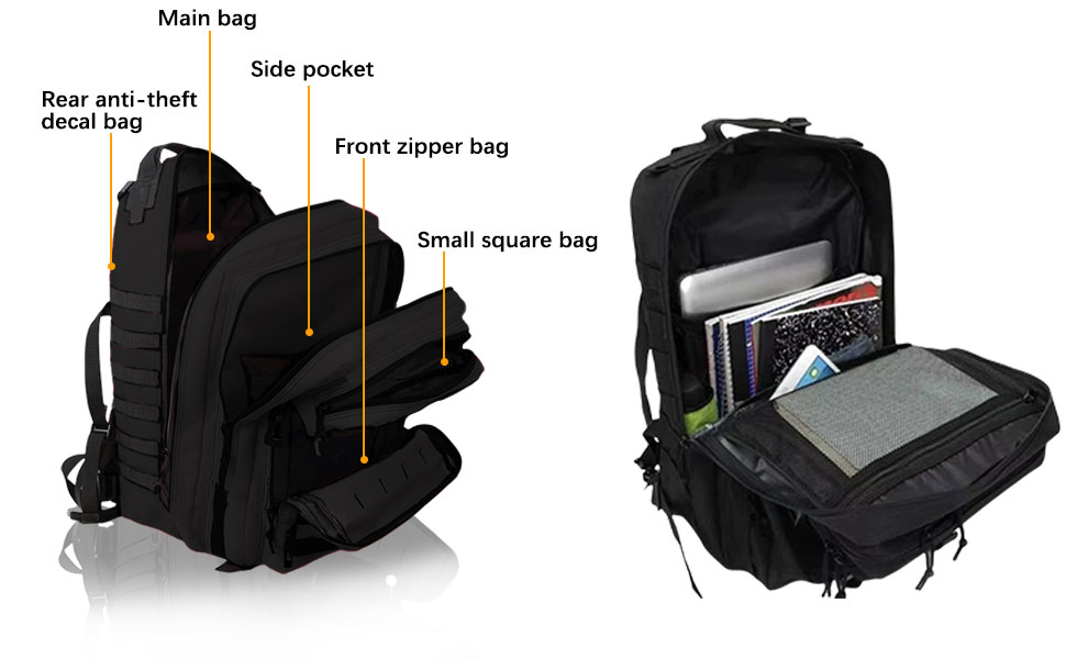 Black tactical-style backpack shown from multiple angles, featuring adjustable straps and multiple compartments with sturdy construction.