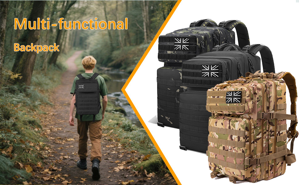 Text reads 'Multi-functional Backpack'. Shows tactical backpacks in black and camouflage patterns with demonstration of outdoor use on a forest trail.