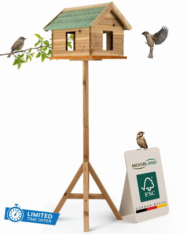 Moorland Wooden Garden Bird Feeders with Stand & Window 135 cm – Large Enclosed Bird Box for Robins – FSC Wood Birdhouses for Garden – Weatherproof Freestanding Nesting Box – VH2