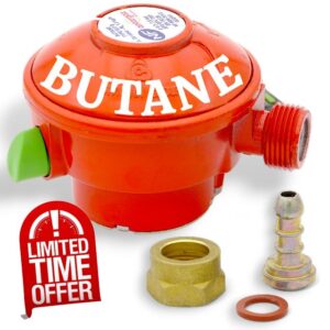 Quick-On Butane Regulator 28 mbar – Red or Blue – Teats Included – Compatible with Antargaz