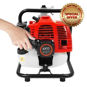 2-Stroke 43CC Petrol Water Pump 1.7HP Power 135L/min Flow Rate 30m Max Lift 1 Inch Ports Portable Water Transfer Pump with Air Cooling for Irrigation Drainage Garden and Pool Use