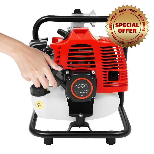 2-Stroke 43CC Petrol Water Pump 1.7HP Power 135L/min Flow Rate 30m Max Lift 1 Inch Ports Portable Water Transfer Pump with Air Cooling for Irrigation Drainage Garden and Pool Use