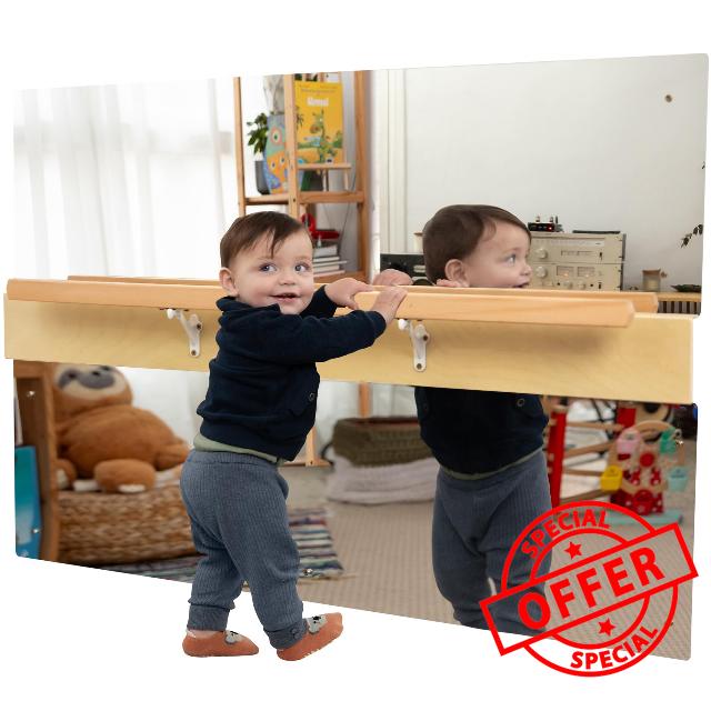 ODOXIA Montessori Mirror with Bar for Toddlers | Montessori Pull-Up Bar for Standing & Walking | Mirror Baby Wall with Pull-Up Bar | Wooden Balance Bar for Motor Development | Perfect for Playrooms