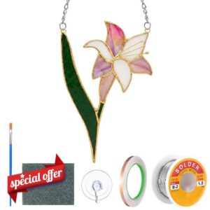 LemonRoad 1 Set Lily Flower Pre Cut Stained Glass DIY Stained Glass Craft Kit with Solder Wire