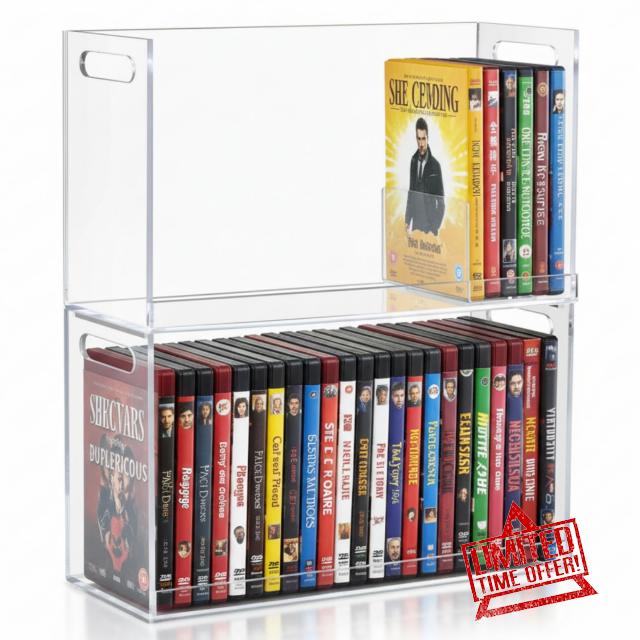 CroBlissful 2 Pcs Acrylic Dvd Storage Box Clear Acrylic Stackable Dvd Holder Racks with Cutout Carrying Handles Organizer Shelf for Theatre Room Media Cds Movie Cases Dvds