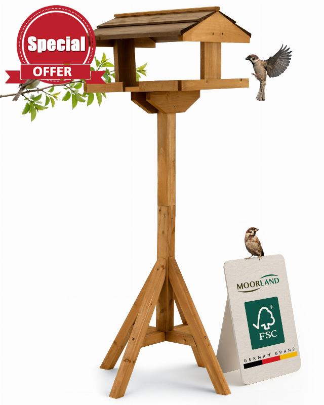 Moorland Wooden Garden Bird Feeders with Stand 114 cm – Large Open Fronted Bird Box for Robins – FSC Wood Birdhouses for Garden – Weatherproof Roof Dark & Freestanding Nesting Box – VH4