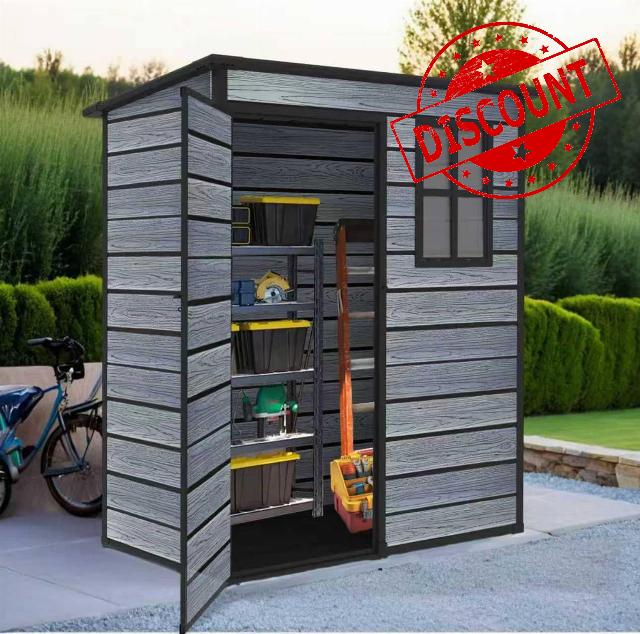 BIRCHTREE 5X3FT Plastic Garden Shed with Floor Pent Roof Wood Grain Effect Fade Free All Weather Resistant Lockable Door Outdoor Storage Box Air Vent&Window Garden Tool Shed Low Maintenance Grey