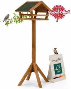 Moorland Wooden Garden Bird Feeders with Stand 101 cm – Open Fronted Bird Box for Robins – FSC Wood Birdhouses for Garden – Weatherproof Bitumen Roof & Freestanding Nesting Box – VH3