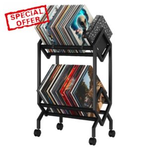 Vinyl Record Storage Holder Metal CD Rack with Casters Book and Record Storage Organizer Protects Vinyl Quick Assembly Easy to Move Organizer Shelf