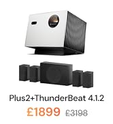 Text reads 'StreamMaster Plus2' '£1189' '£1899'. White and black home theater projector with sleek design and cooling fins shown from multiple angles.