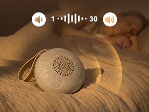 Circular white smart device with speaker grille shown with numerical indicators 90, 60, 30 overlaid, and baby bottle in background.