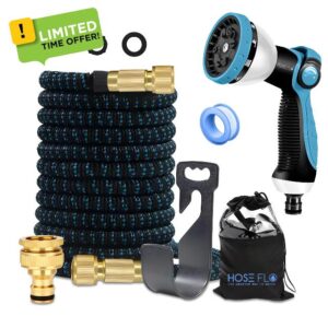 25FT Expandable Garden Hose Pipe – Blue – Flexible Hosepipe with 10-Function Spray Gun – Lightweight