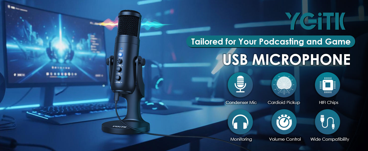 Text reads 'USB MICROPHONE' with gaming-themed background. Blue illuminated scenes showing headphone, microphone, and interface icons against tech-focused imagery.