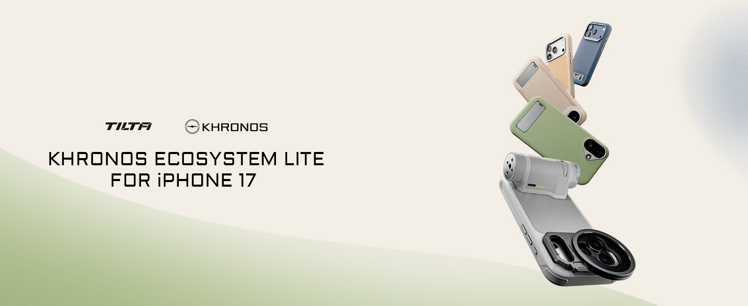Text reads 'KHRONOS ECOSYSTEM LITE FOR IPHONE 17'. Multiple views of what appears to be phone case or mounting system components shown against light background.