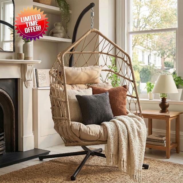 Blisswood Swing Egg Chair for Indoor & Outdoor use - Hammock Hanging Rattan Egg Chair with Cushion