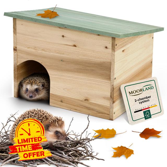Moorland Weatherproof Hedgehog House UK 35×27 cm – Large Hibernation House Feeding Station with 2-Chamber System