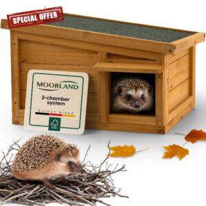 Moorland Weatherproof Hedgehog House UK 45×41 cm – Large Hibernation House Feeding Station Outdoor Hedgehog Houses for Garden FSC Wood with Floor