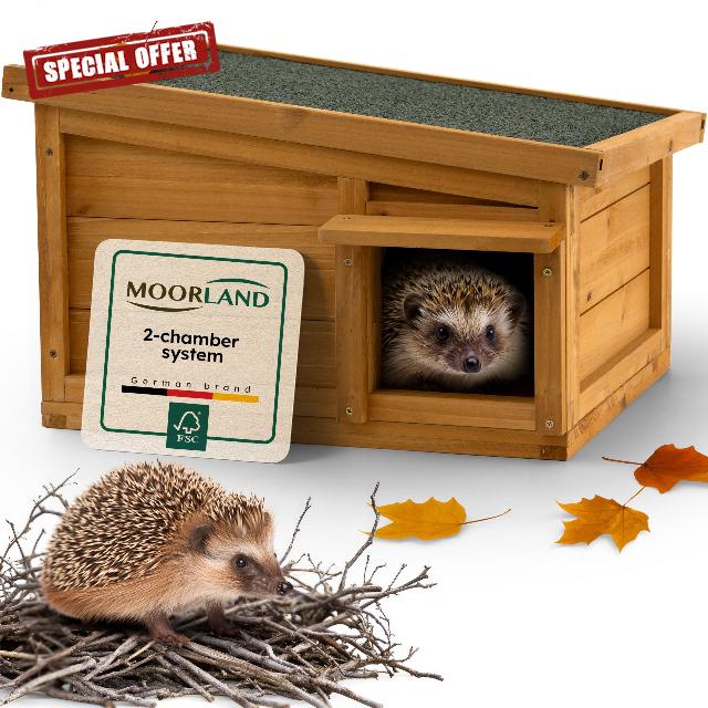 Moorland Weatherproof Hedgehog House UK 45×41 cm – Large Hibernation House Feeding Station Outdoor Hedgehog Houses for Garden FSC Wood with Floor