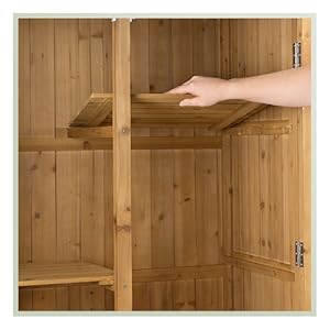 Wooden garden storage cabinet with peaked roof design, featuring two doors, multiple interior shelves, and natural pine finish. Cabinet shown with one door open displaying internal organization.