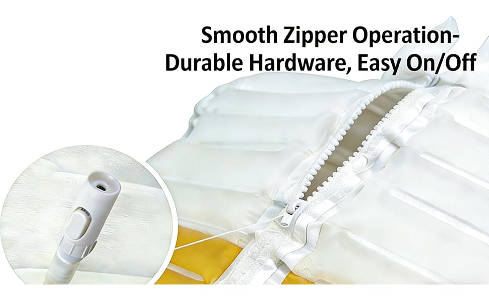 Text reads 'Smooth Zipper Operation-Durable Hardware, Easy On/Off' with close-up of white zipper hardware demonstration