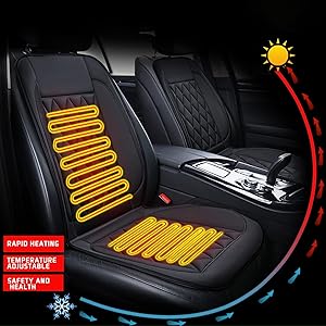 Heated car seat cushion showing hot and cold temperature icons. Yellow heating pad integrated into black seat cover demonstrating winter warming and summer cooling functionality.