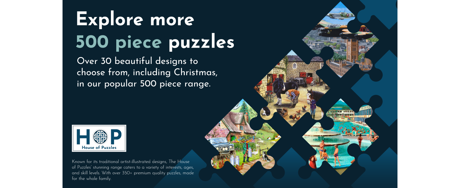 Advertisement for 500-piece jigsaw puzzles featuring multiple designs. Puzzle-shaped previews show Christmas, nature, and urban scenes. Text promotes over 30 beautiful designs to choose from.