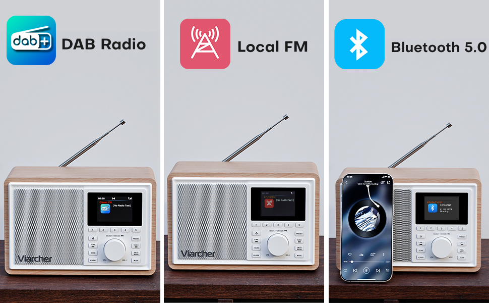 Text reads 'Digital Radio with Latest Signal Technology'. Modern silver digital radio displayed on wooden surface outdoors.