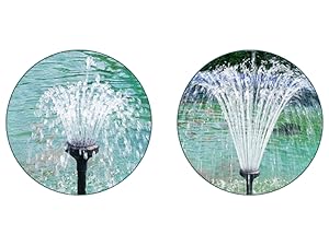 Multiple views of a black aquarium fountain pump with blue accents, showing different angles and installation positions with decorative stone elements.