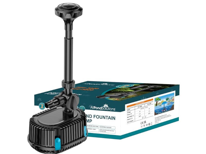Mini fountain pump shown from multiple angles, featuring black plastic construction with adjustable flow control and mounting suction cups.