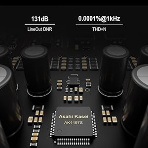 Text: 'App Control, AK44975 Velvet Sound, XU216, ADAT, PCM, THD@1kHz'. Digital audio interface control panel with display showing technical specifications and input/output options.