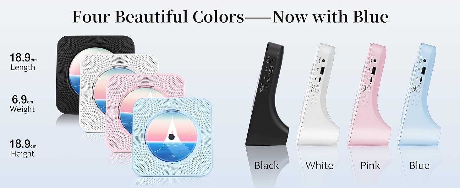 Text reads 'Four Beautiful Colors — Now with Blue'. A row of illustration sketches showing line-drawn figures in different colors including blue tones.