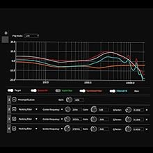 Audio equalizer interface showing frequency response curves in red and blue on dark background, with multiple adjustment sliders and controls below.