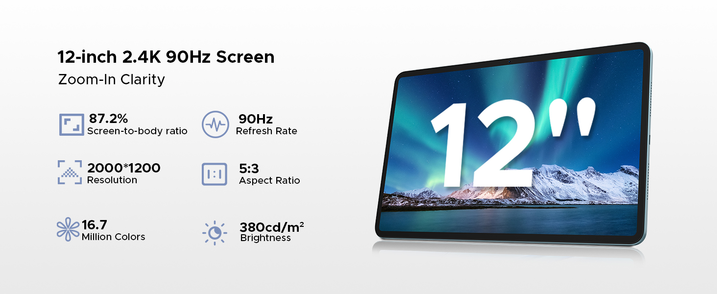 Text reads '12-inch 2.4K 60Hz Screen'. Product specifications display showing technical details and features of a monitor or display device with mountain scenery background.
