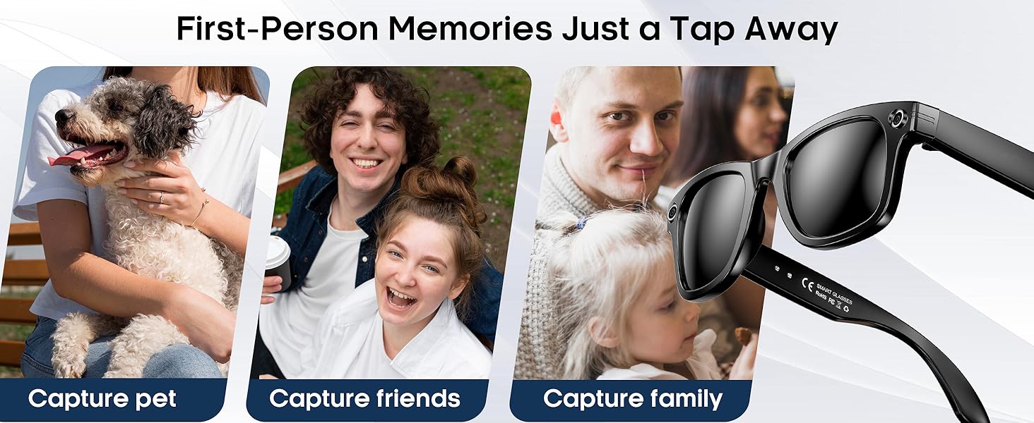 Text reads 'First-Person Memories Just a Tap Away'. Series of connected photo thumbnails showing camera interface and photo-sharing features.