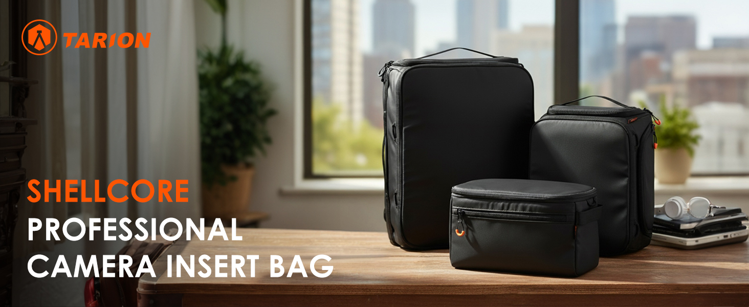 Text reads 'SHELLCORE PROFESSIONAL CAMERA INSERT BAG' and 'TARION'. Black padded camera bag displayed on wooden desk surface with window view in background.