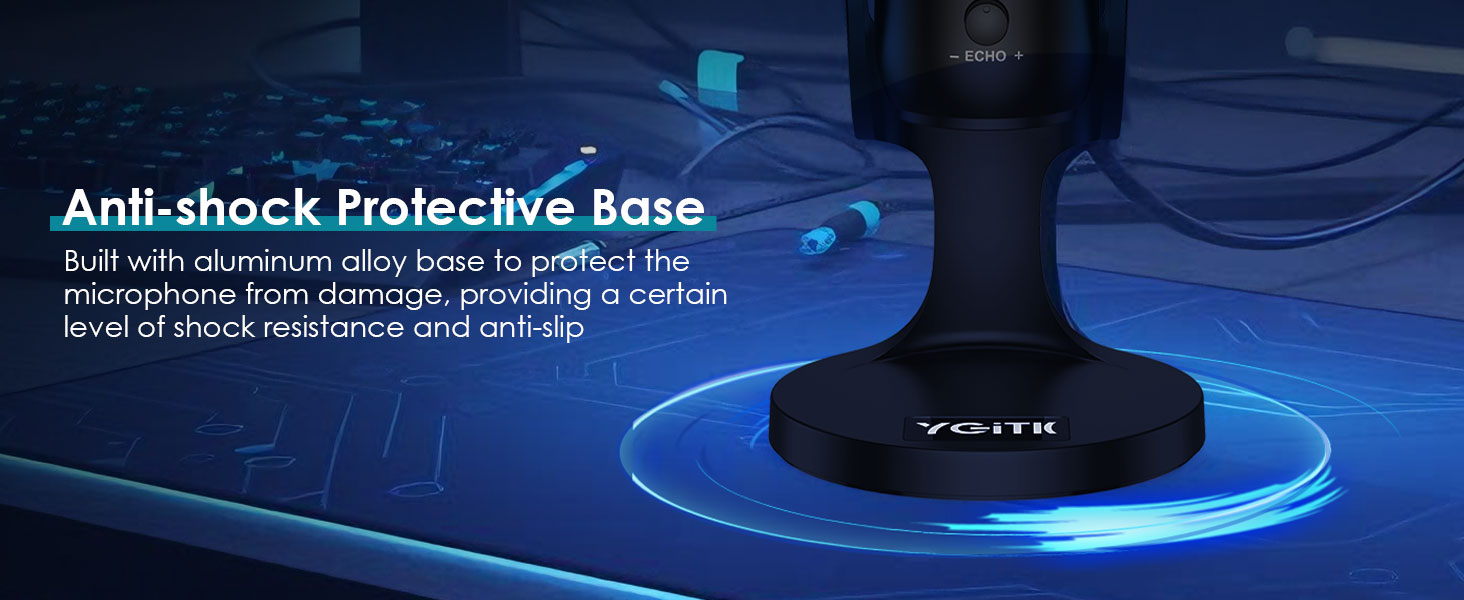 Text reads 'Independent Control Knob', 'One-Key Mode', 'Microphone Knob', 'Volume Knob', 'Echo Knob'. Technical interface diagram showing labeled control features on dark background.